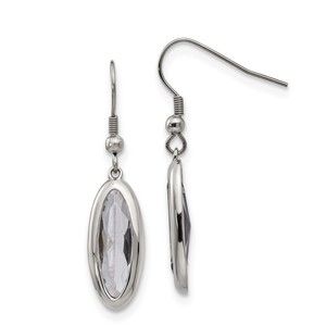 Chisel Stainless Steel Polished Grey Glass Oval Dangle Shepherd Hook Earrings